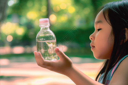 观察瓶装水的女孩图片