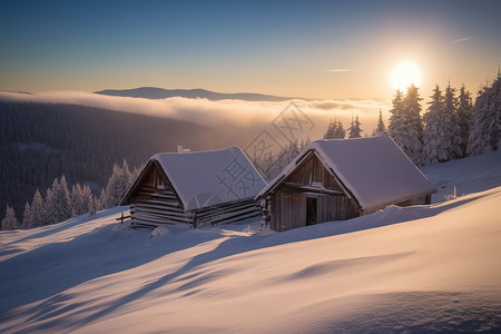 雪山中的小木屋图片