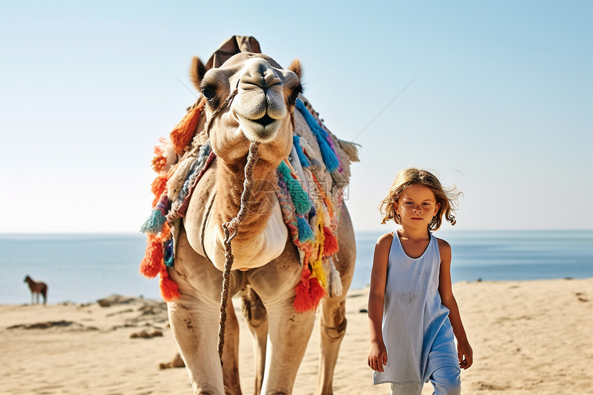 沙漠中的骆驼和女孩图片