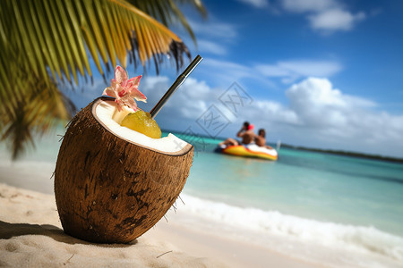 沙滩上新鲜的椰子背景图片