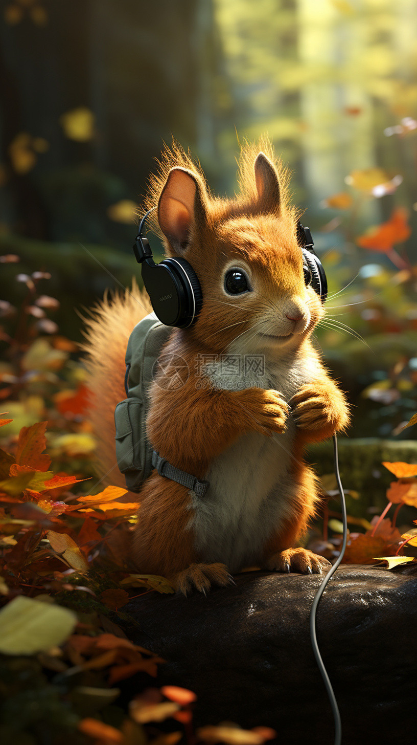 小松鼠在森林里听音乐图片