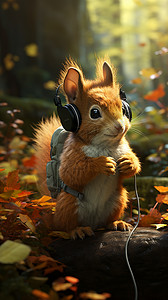 小松鼠在森林里听音乐背景图片