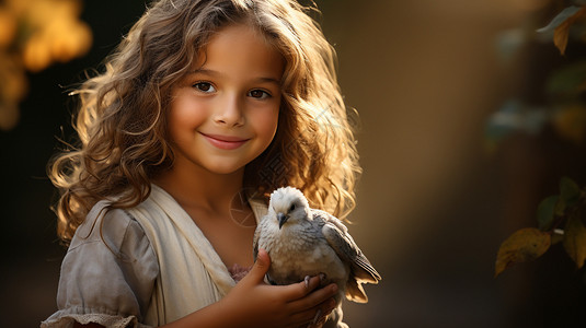 小女孩抱着一只鸽子图片