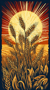 创意丰收的小麦田插图图片