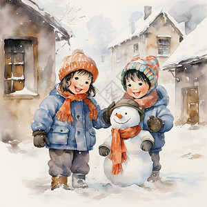 乡村堆雪人的孩子插图图片