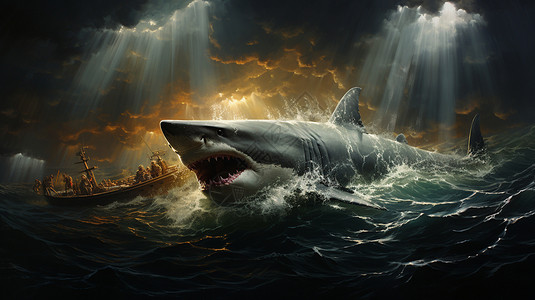 危险风暴浮出海面的鲨鱼插画