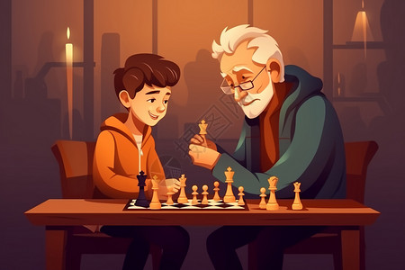 一对下西洋棋的祖孙插画背景图片