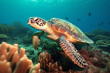 深海的绿海龟背景图片