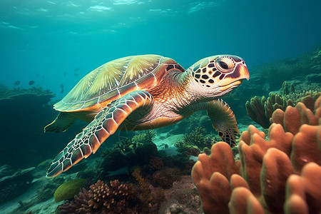 给世界多点绿海底游泳的海龟背景