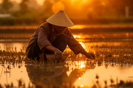 夕阳下打理水稻的农民图片