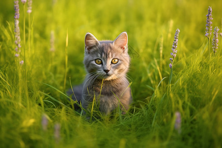 户外公园草地上的小猫背景图片