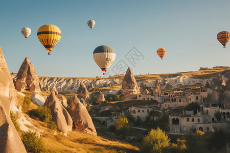 土耳其城镇上空的热气球图片