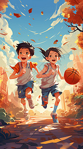 秋天穿校服男孩和女孩奔跑着打篮球图片