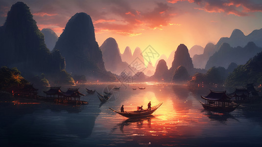桂林漓江夕阳下的秀丽风光图片