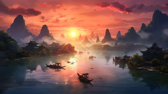 中国风景画漓江的夕阳景色背景