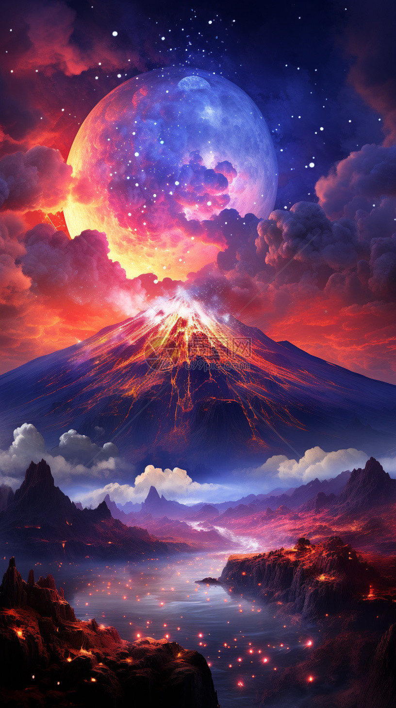 美丽星空下的火山图片