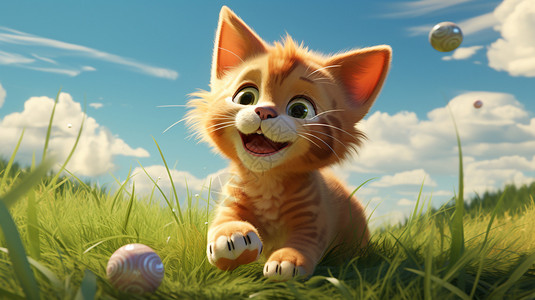 猫玩球草丛中玩球的小橘猫插画