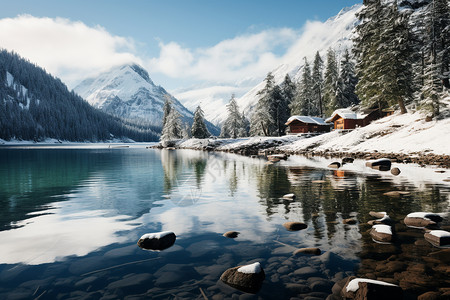 雪山下树林旁清澈见底的湖泊高清图片