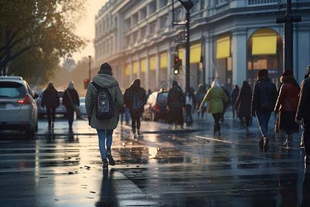 雨后的街道上的行人背景图片