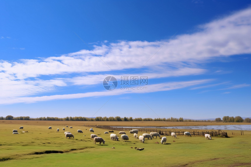 大草原上的放牧羊群图片
