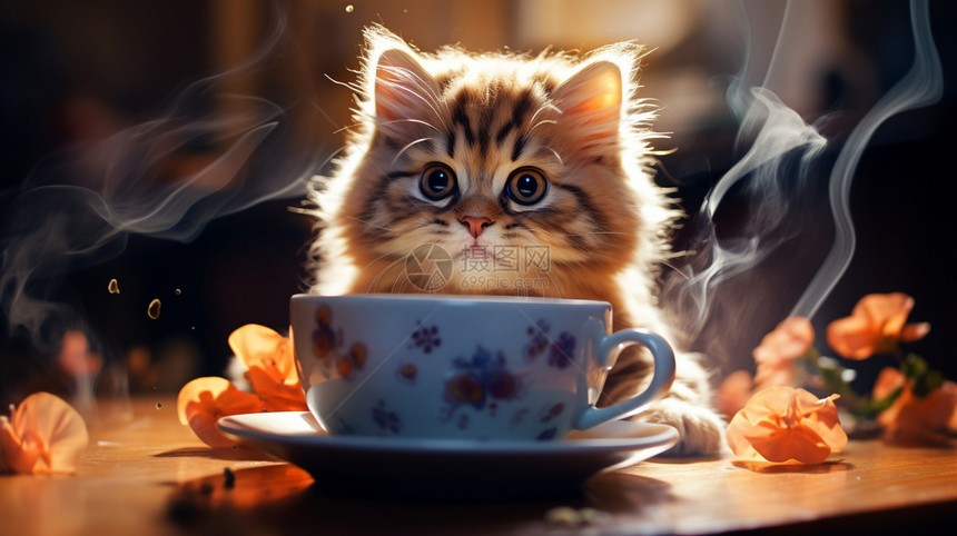 喝咖啡的小猫图片