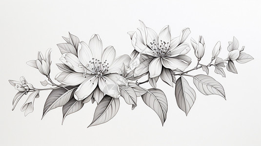 两朵茉莉花开一朵芽简笔画线画黑白背景图片