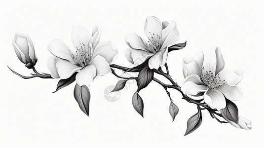 两朵茉莉花开一朵芽简笔画线画黑白背景图片