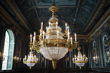 水晶城堡天花板上昂贵的吊灯背景