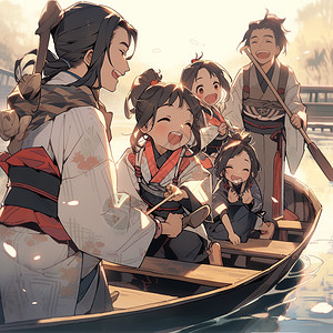 亲子动漫幸福划船的一家人插画
