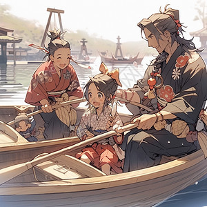 一家人划船出游一家人在划船插画