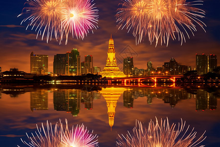 除夕夜景庆祝新年的泰国郑王庙背景