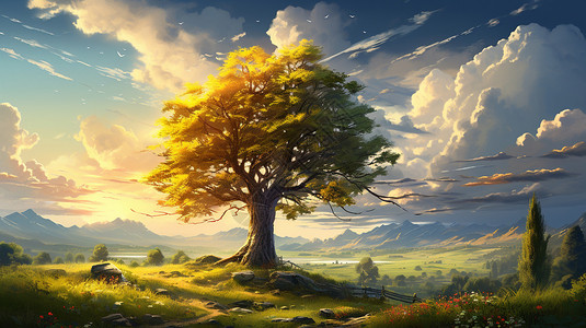 清新阳光下的大树背景图片