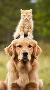 狗头上的可爱猫咪背景图片
