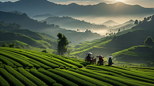 清晨的梯田茶园图片