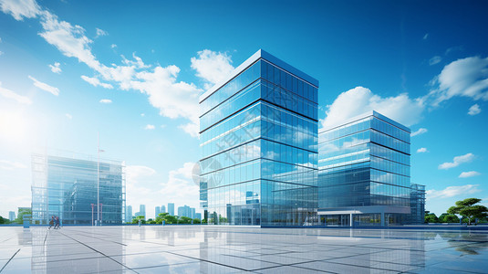现代商务楼蓝天白云下的商务楼和办公楼插画