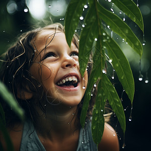 树下躲雨的开心小女孩图片