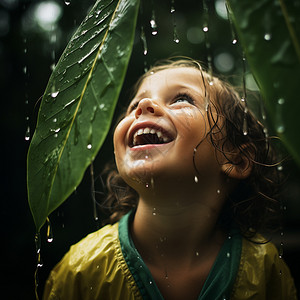 树叶下躲雨的小女孩图片