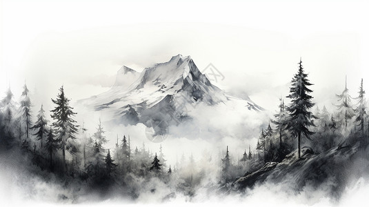 森林素描风格的山水画高清图片