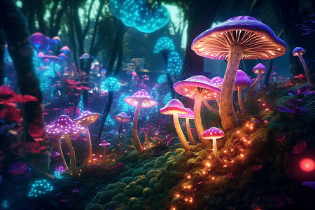 可爱彩色蘑菇奇幻的植物花园设计图片