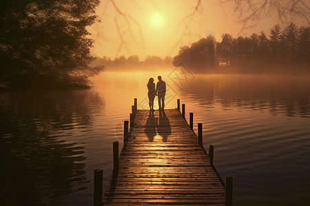 木码头桥湖湖边码头上的情侣插画