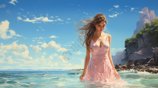 站在水中女孩站在海水中的美女插画