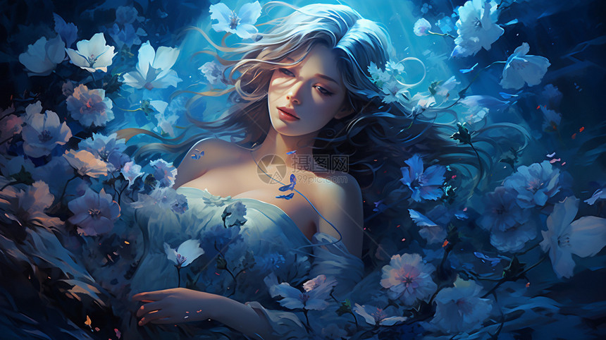 睡在蓝色花朵中的女孩图片