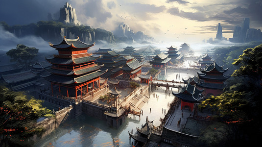 中国风古建筑油画背景图片