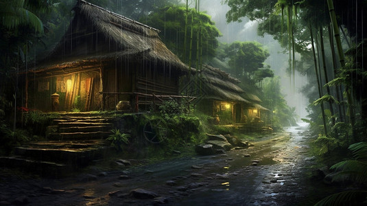 夜晚的竹林小屋背景图片