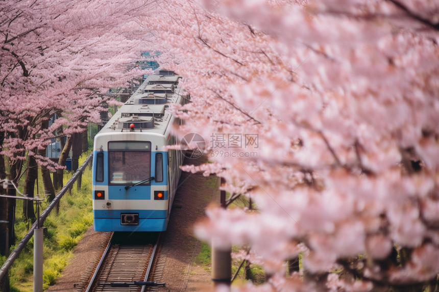 列车驶过一片樱花树图片