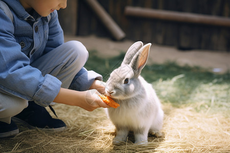 给兔子喂食的小女孩图片