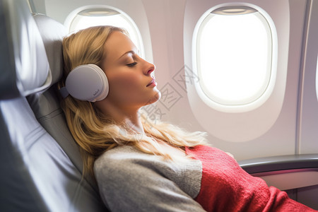 飞机睡觉带着耳机睡觉的女人背景