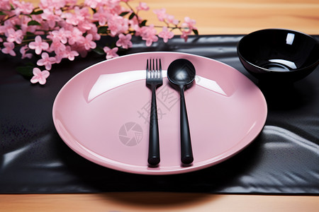 粉色和黑色餐具勺子高清图片素材