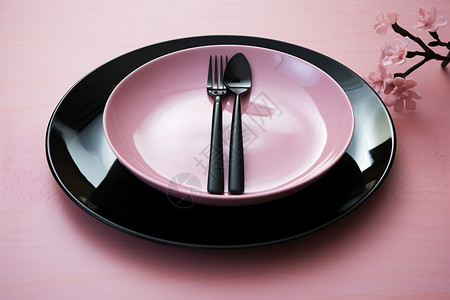 粉色盘子的黑色勺子碟子高清图片素材