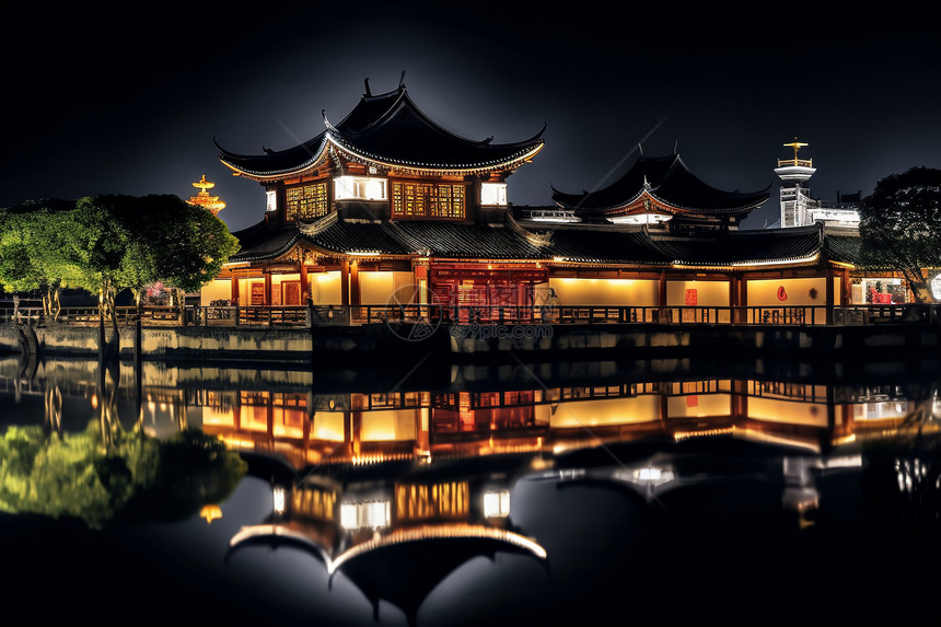 夜晚湖畔的传统建筑图片